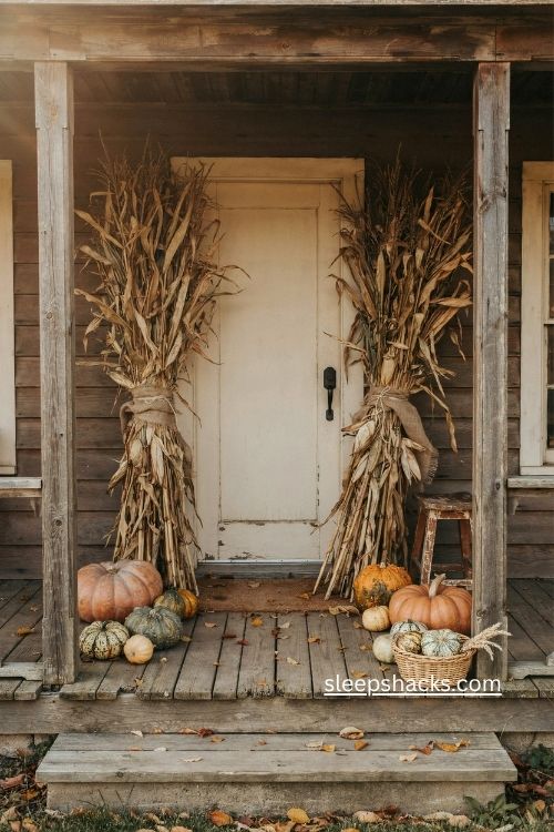 cornstalk fall porch decor with pumpkins burlap and rustic farmhouse entry 