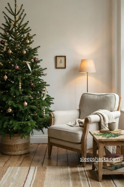 cozy christmas tree beside a reading chair with a knitted throw, wooden side table, and warm floor lamp
