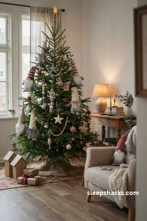 cozy gnome christmas tree with fluffy beards knitted hats felt stars and miniature wooden houses