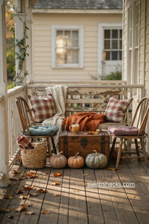 cozy rustic fall porch seating with plaid pillows blankets wooden trunk and pumpkins 