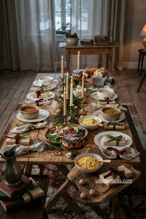cozy soup salad and bread book club christmas dinner with wrapped books and festive table decor 