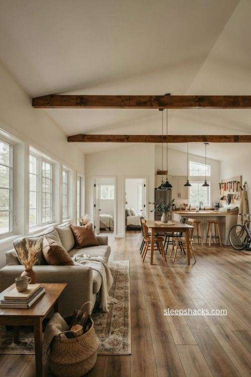 cozy two bedroom barndominium floor plan with vaulted open living space and shop 