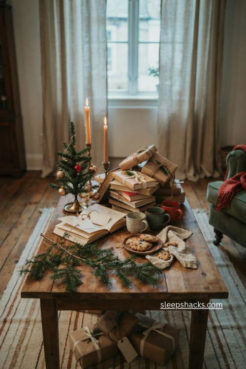 cozy white elephant book exchange christmas party with wrapped novels cookies and vintage holiday decor 