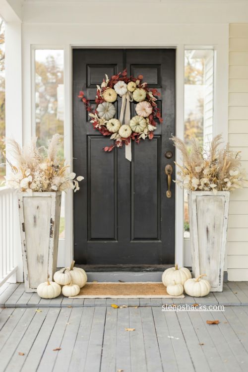 creamy white fall front door decor with pumpkins wreath and red garland 