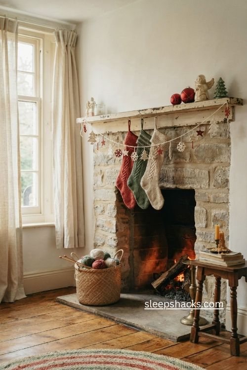crochet christmas garland on a cozy vintage mantel with handmade yarn decorations