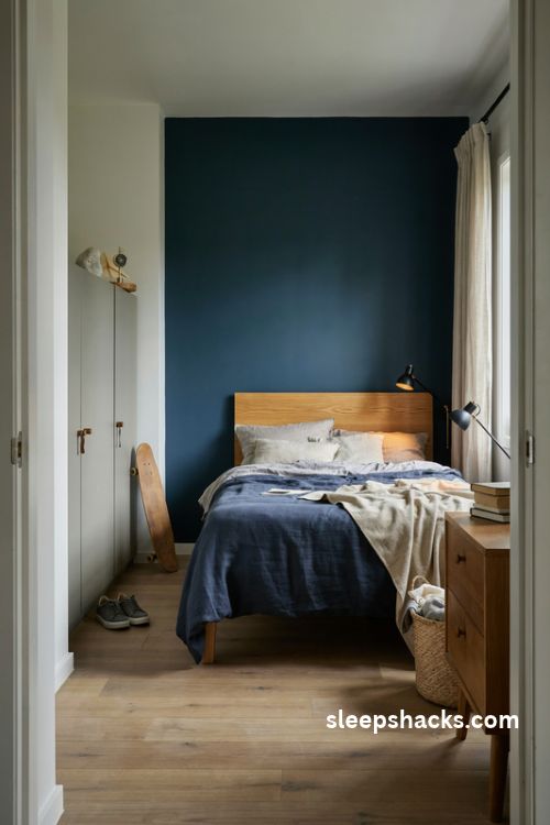 deep navy accent wall in an older boys bedroom with warm wood and neutral bedding