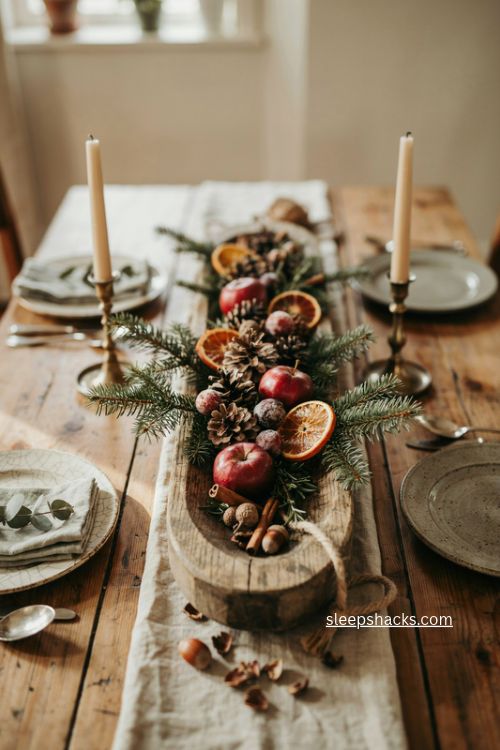 dough bowl with pinecones dried oranges berries greenery and red fruit fall to christmas centerpiece 