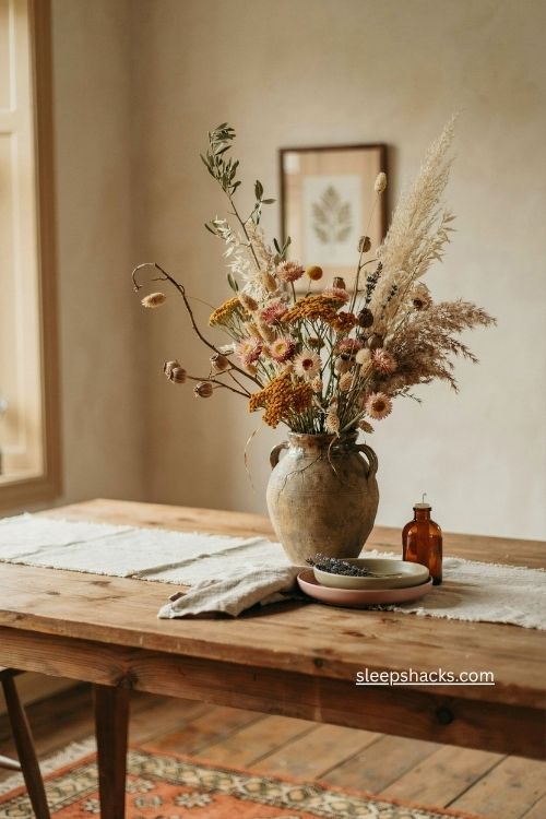 dried fall floral centerpiece with soft pink orange flowers leaves and branches 