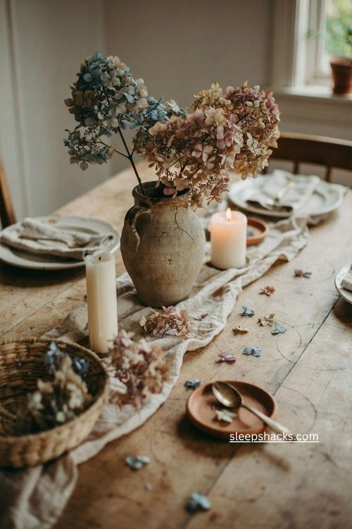 dried hydrangea fall centerpiece in rustic ceramic jug with candles 