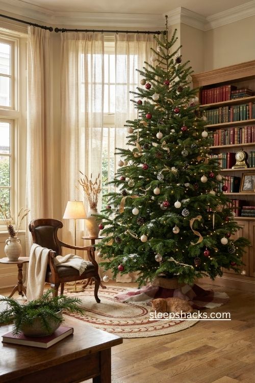 dunhill fir christmas tree with full branches warm lights and classic ornaments 