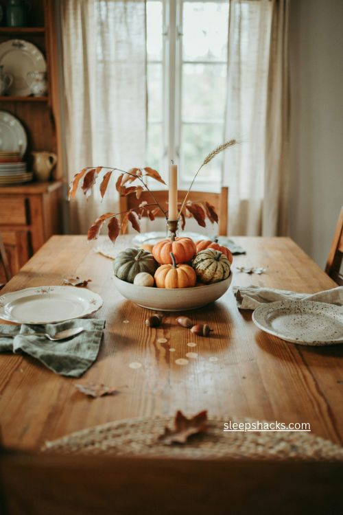 easy fall centerpiece with pumpkins branches and warm cozy table decor 