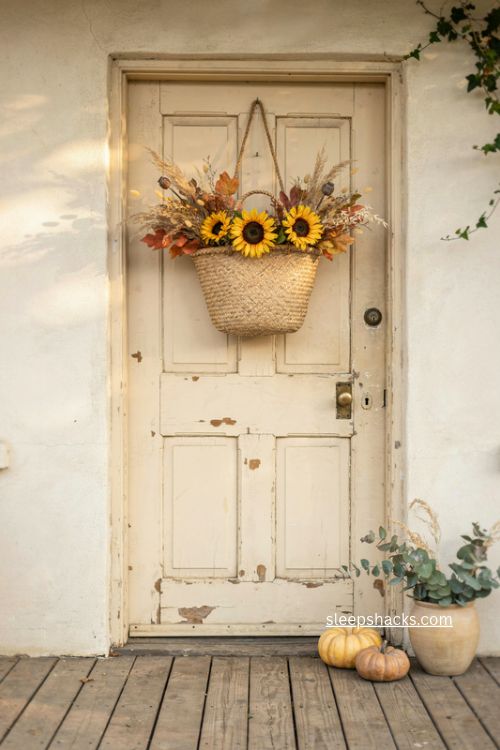 fall basket door decor with sunflowers dried grasses faux leaves and rustic autumn blooms 