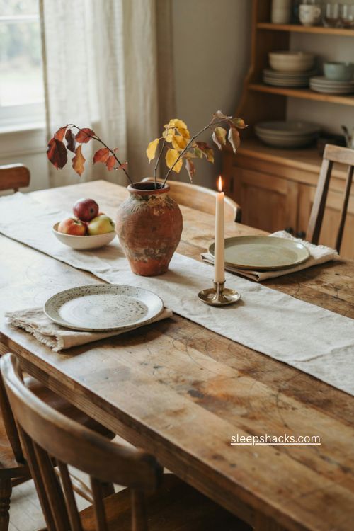 fall branch centerpiece with terracotta vase apples and candle on cozy dining table 