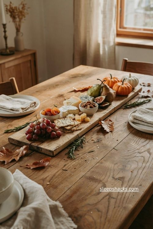 fall charcuterie board centerpiece with fruit cheese pumpkins and rustic table decor 