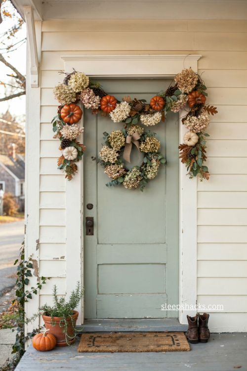 fall door decor with autumn garland pumpkins hydrangeas pinecones and greenery 