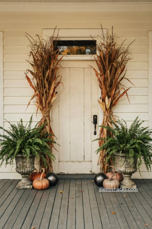 fall door decor with corn stalks ferns pumpkins and matching urns 