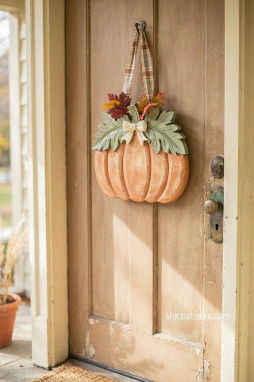 fall door decor with rustic wooden pumpkin sign and plaid ribbon 