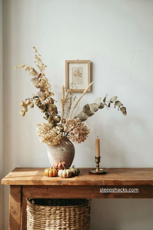 fall entry table decor with dried florals hops stems and wheat 