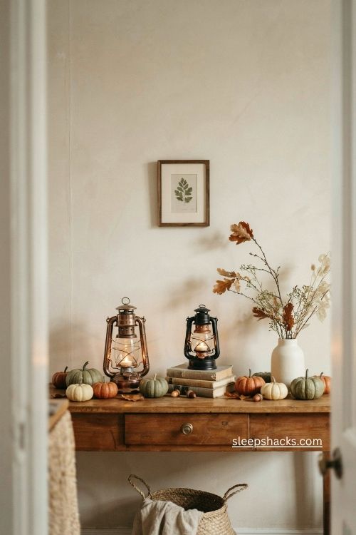fall entry table decor with glowing lanterns and mini pumpkins 