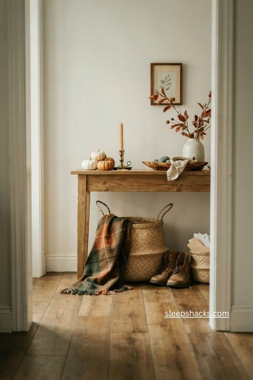 fall entry table decor with plaid throw and woven basket 