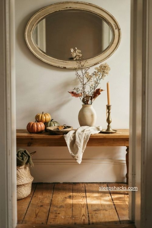 Wide editorial entryway interior shot viewed straight on at eye level, a charming fall entry table beneath a large antique gold arched mirror that serves as the elegant focal point, a narrow welcoming hallway made brighter and more spacious by the mirror reflecting soft natural light, timeless French country and vintage farmhouse style with subtle understated glamour, warm antique gold, creamy beige, muted burnt orange, soft caramel brown, dusty olive green, and natural wood tones, a beautifully aged wooden console table, an oversized brushed gold mirror with a softly curved frame, small ceramic pumpkins, a vintage brass candleholder, a rustic ceramic vase filled with delicate dried autumn branches, a shallow wooden bowl for everyday keys, a folded natural linen runner, and a small woven basket beneath the table, carefully balanced seasonal styling with imperfect textures and collected details that feel personal and effortlessly elegant, gentle late afternoon sunlight entering from a nearby window and reflecting softly across the gold mirror and warm wood surface, delicate golden highlights and natural shadows creating a peaceful welcoming atmosphere, soft colors that change the mood instantly, old textures that add warmth and depth, simple details that create lasting charm, cozy refined autumn entryway with a graceful focal point and a lived in sense of everyday beauty, no people, no text, no watermarks, no blur, no bokeh, all surfaces in sharp focus, photorealistic, 4K resolution, editorial interior photography, Pinterest-worthy 
