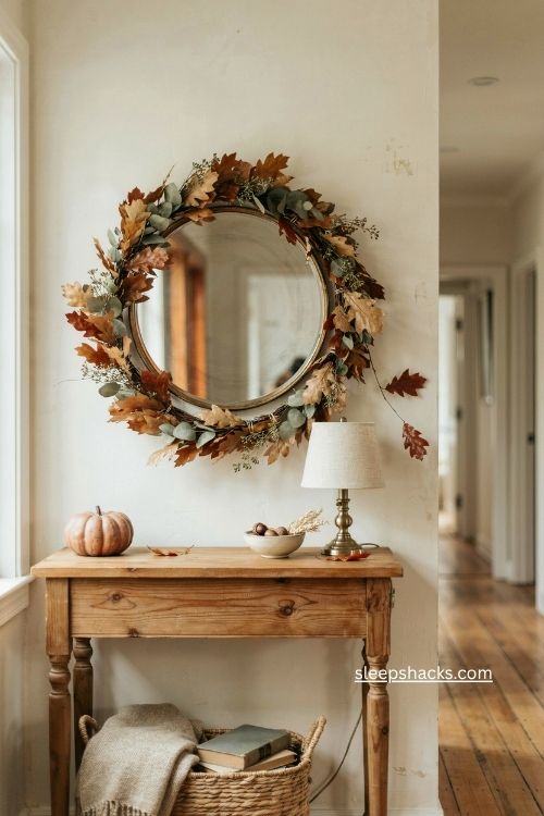 fall entry table decor with round mirror wrapped in autumn garland 