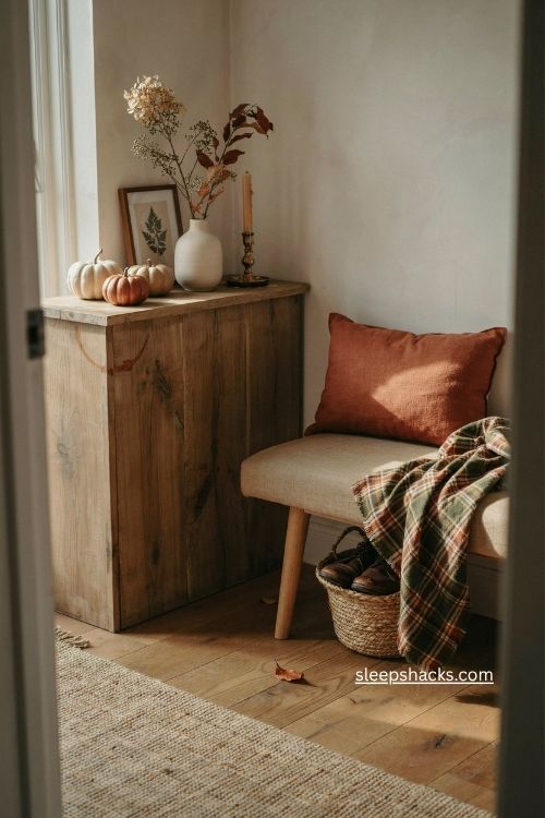 fall entry table decor with rust pillow and cozy entry bench 