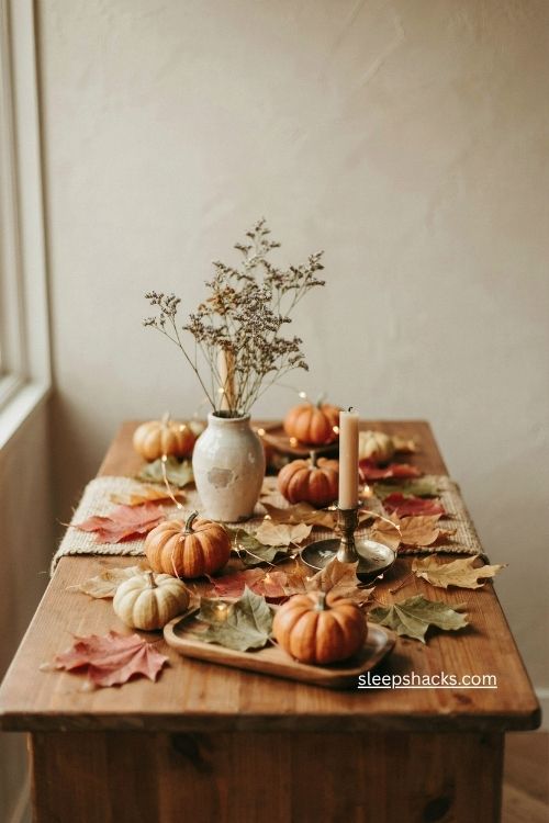 fall entry table decor with scattered leaves and mini pumpkins 