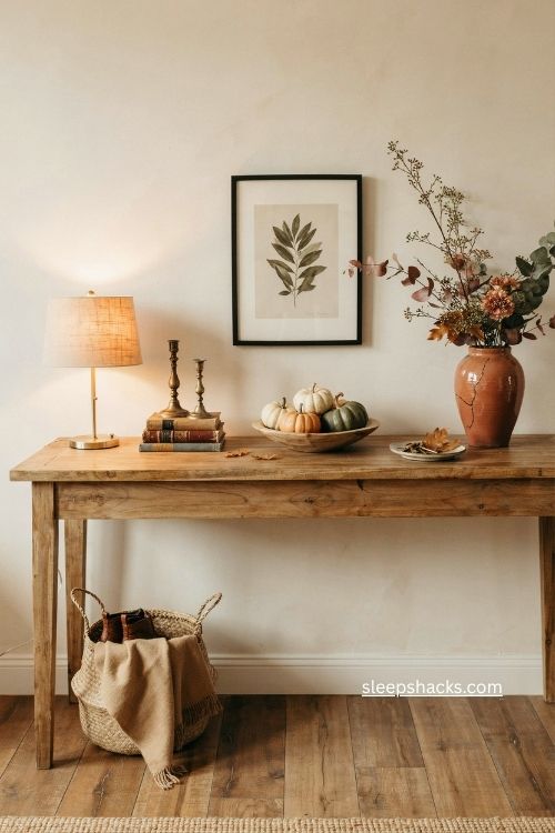 fall entry table decor with tall lamp and autumn floral vase 