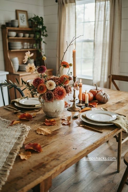 fall floral centerpieces with rustic blooms and foraged branches 