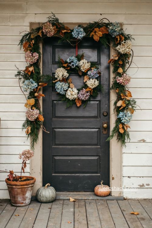 fall front door garland with dried hydrangeas dusty blue cream and mauve flowers 
