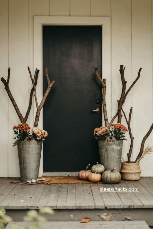 fall front door planters filled with natural branches pumpkins and mums 