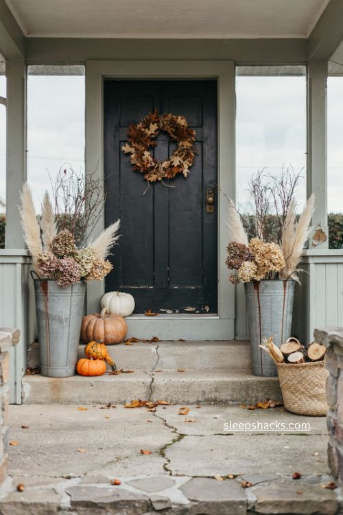 fall front door with black entryway rust wreath pumpkins and simple planters 