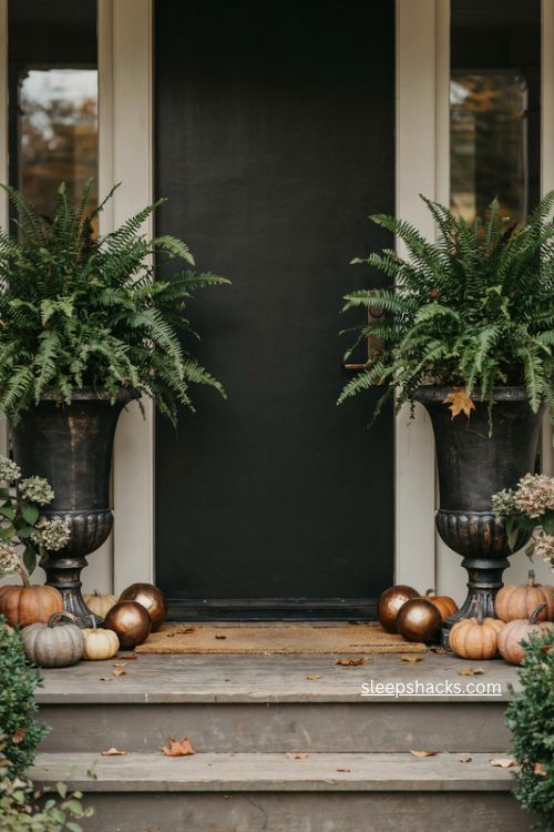 fall front door with lush green ferns black urns pumpkins and metal spheres 