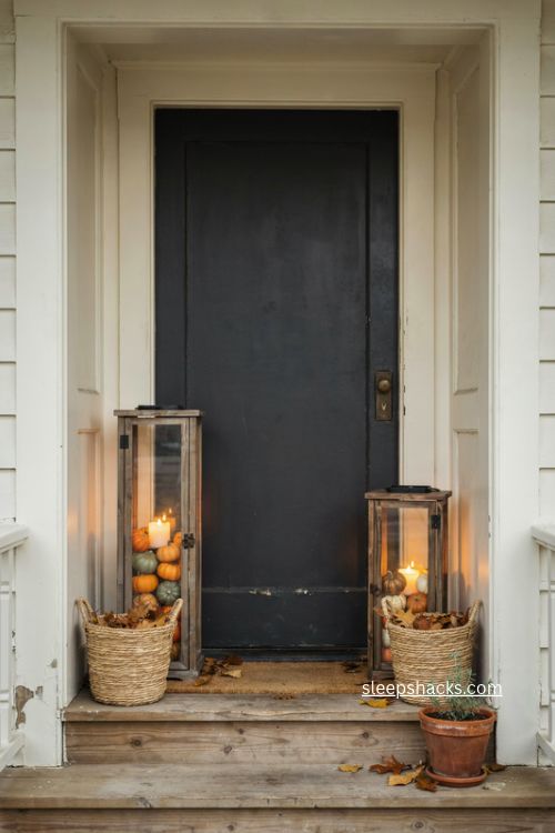 fall lanterns filled with faux pumpkins and warm candlelight by front door 