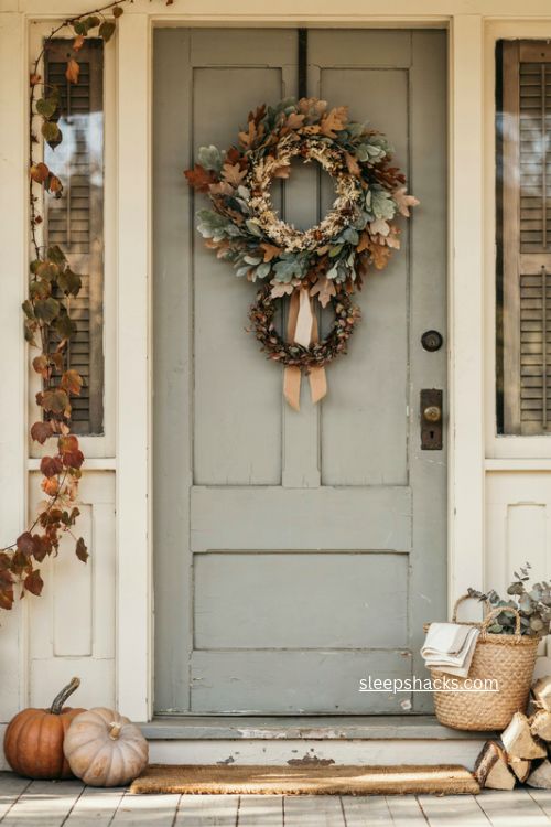 fall layered wreath door decor with neutral dried flowers leafy wreath and autumn ribbon 