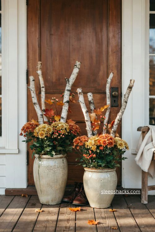 fall porch planters with birch branches mums orange leaves and berries 