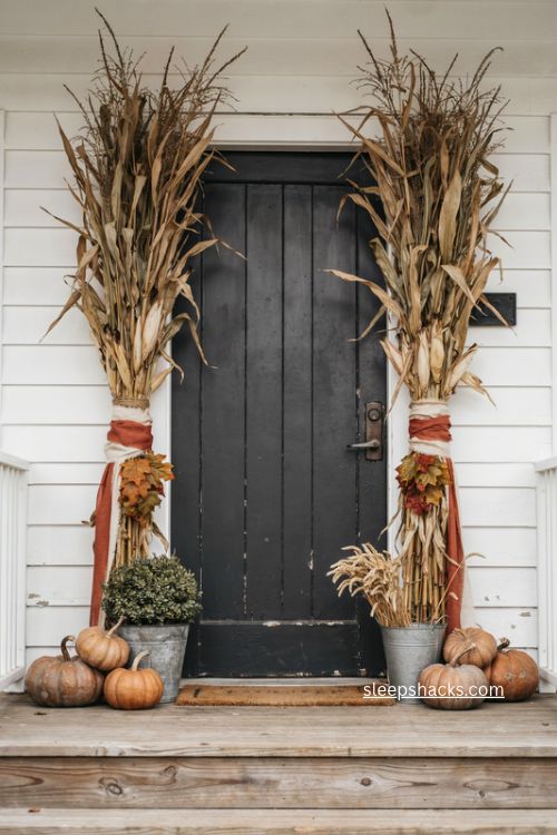 fall porch with tall cornstalks ribbon and pumpkins around black front door 