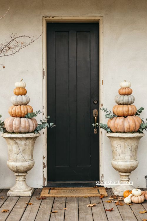 fall pumpkin topiary with eucalyptus in urn planters beside black front door 