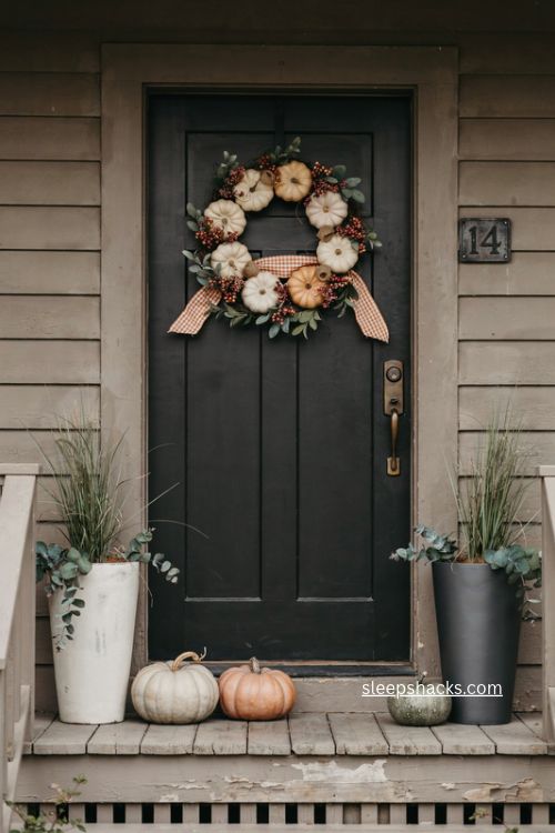 fall wreath with orange and white checkered sash cream pumpkins and berries 