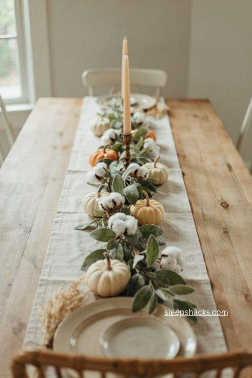 faux lambs ear garland cotton bolls and mini pumpkins cozy fall table centerpiece 