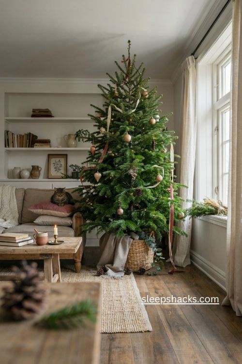 finishing touches to make an artificial christmas tree look like a real fir tree 