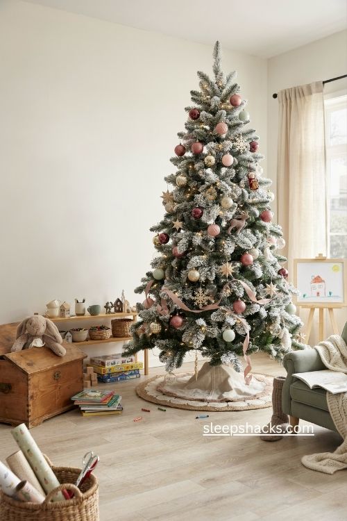 flocked christmas tree with colorful ornaments handmade crafts and vintage keepsakes 