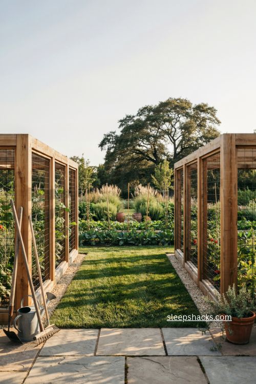 framed hog wire fence with cedar panels and modern garden style