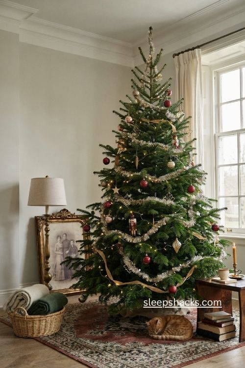 full and fluffy frasier grande christmas tree with vintage tinsel in spacious living room 