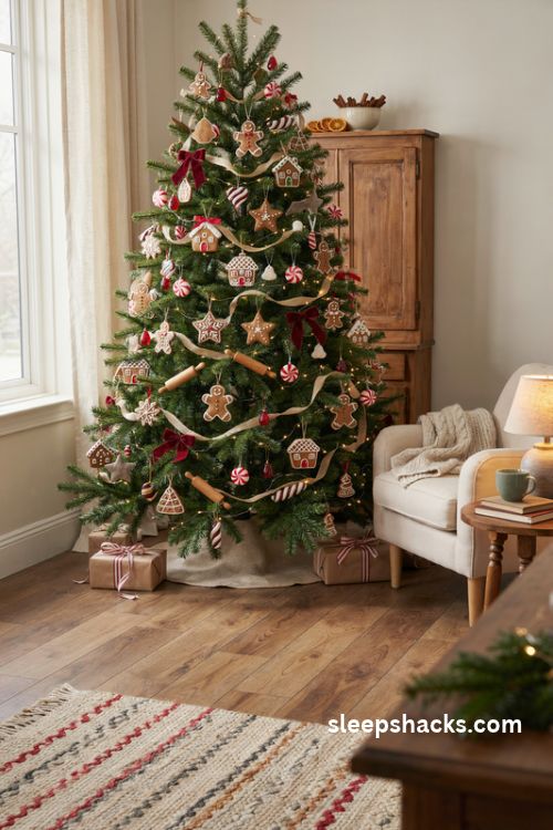 gingerbread christmas tree with cookie ornaments candy cane ribbons and cozy vintage holiday decor