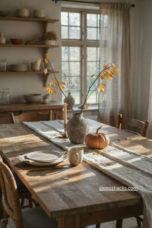 gold aspen leaf fall centerpiece with stone jug pumpkin and candle 