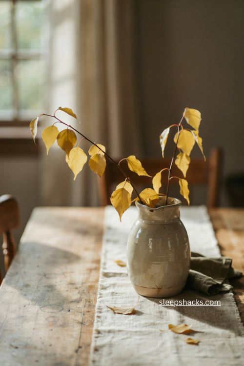 golden aspen leaves in a ceramic jug simple autumn dining table centerpiece 