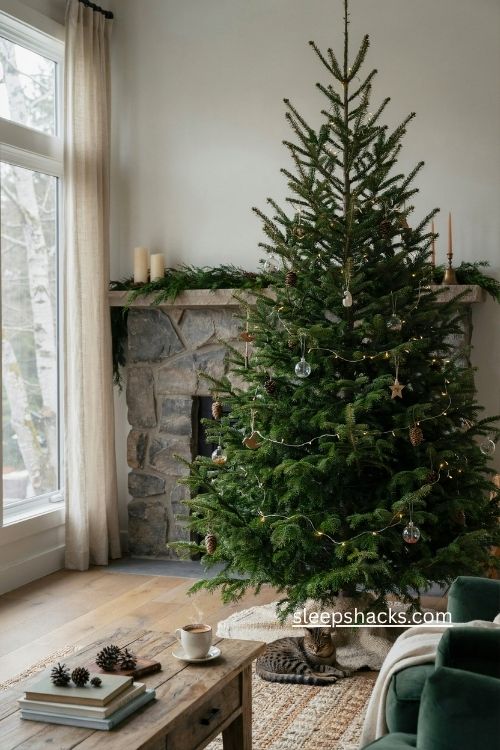 grand fir Christmas tree with feathery long needles and simple glowing holiday lights 