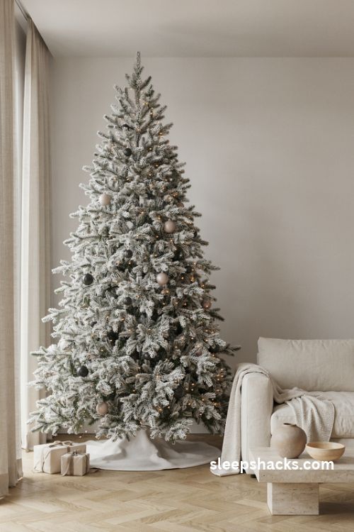 heavily flocked modern christmas tree with sparse matte ornaments and warm white lights